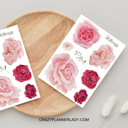 Sticker sheet with large pink peonies and roses for bold journaling decor