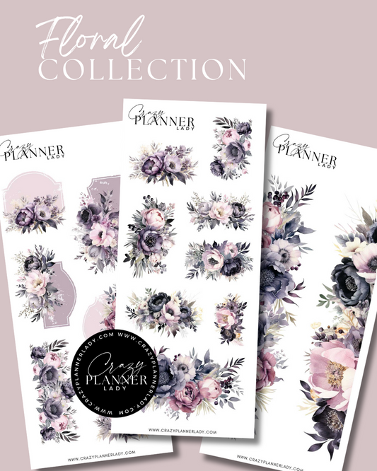 Set of 3 moody purple floral sticker sheets with plum, lavender, and blush blooms in a romantic gothic style.