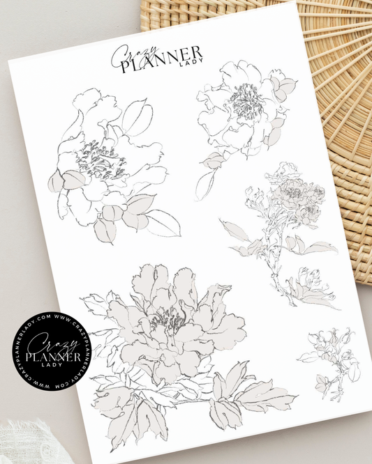 Sticker sheet of black and white floral outline drawings for journaling or coloring