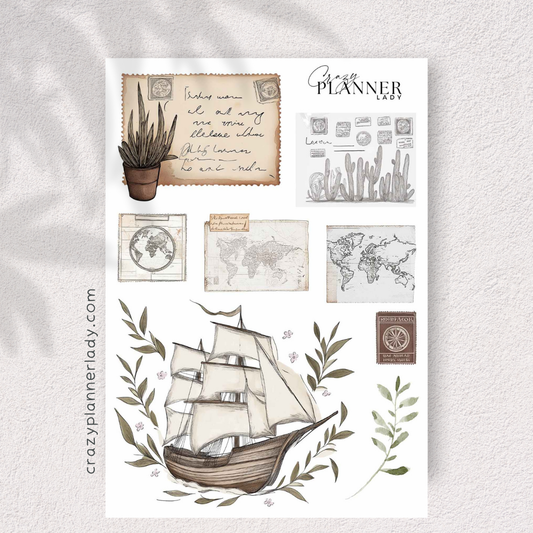 Wanderlust Explorer Journal Stickers – Vintage Travel Ephemera, Luggage Tags & Compass Designs