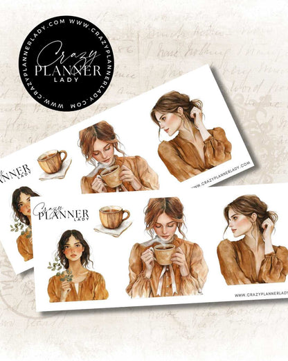 Brown cozy girl stickers in autumn outfits for planners and journals