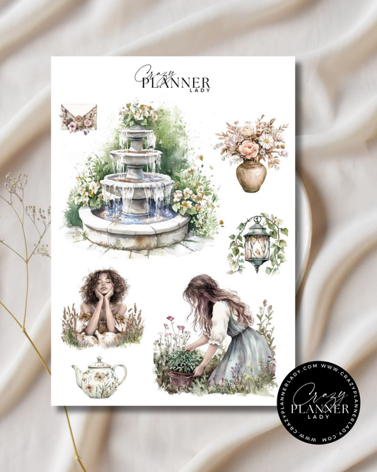 Sticker sheet with garden fountain, girl watering plants, butterfly, and vintage-style cottage garden items