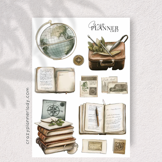 Travel Memoirs Sticker Sheet – Vintage Journaling Ephemera with Books, Clocks & Luggage