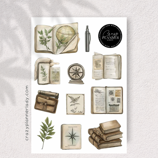 Explorer’s Library Stickers – Vintage Books, Luggage, and Travel Ephemera for Journals