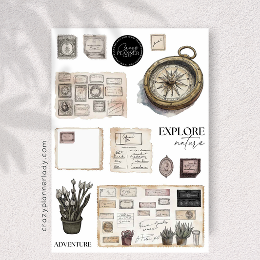 Timeless Travels Vintage Sticker Sheet – Elegant Journaling Ephemera with Globes & Clocks