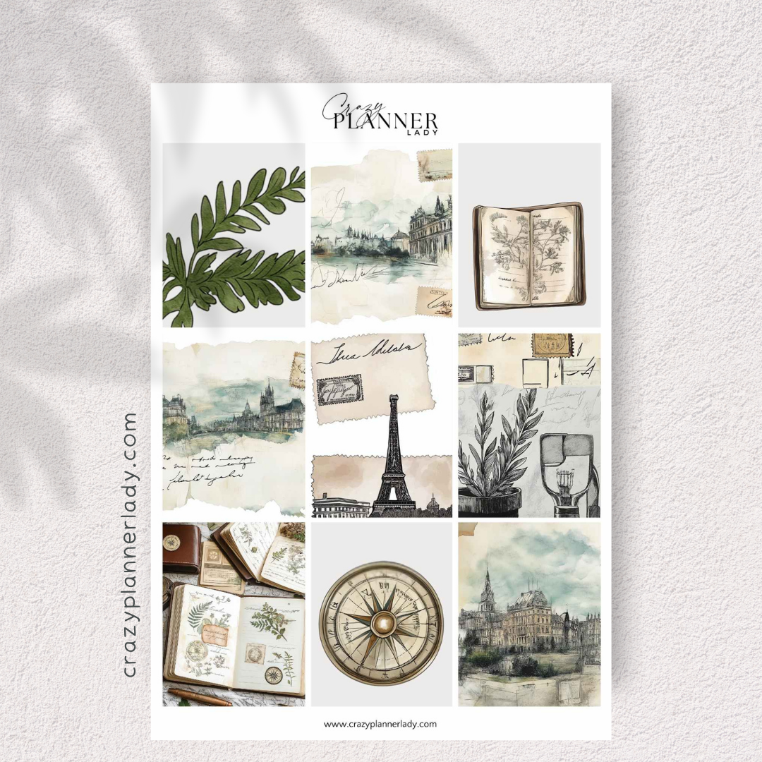 Wanderer’s Ephemera – Vintage Travel & Journaling Sticker Sheet with Tickets & Maps