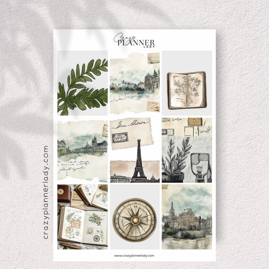 Wanderer’s Ephemera – Vintage Travel & Journaling Sticker Sheet with Tickets & Maps