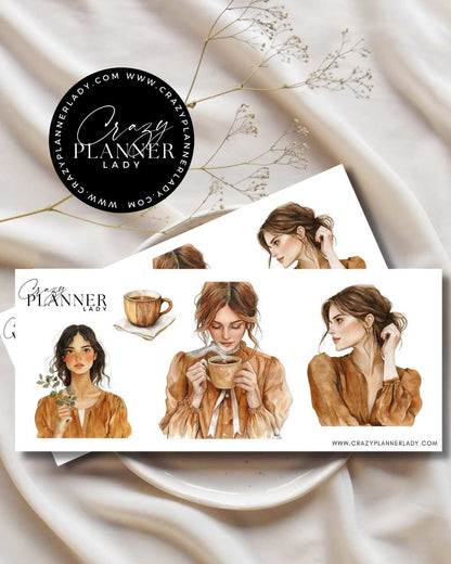 Brown cozy girl stickers in autumn outfits for planners and journals