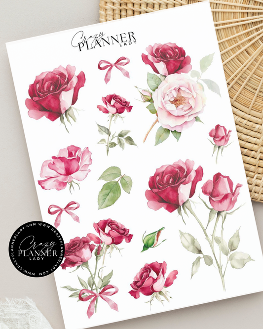 Sticker sheet with vintage-style red and blush pink watercolor roses.