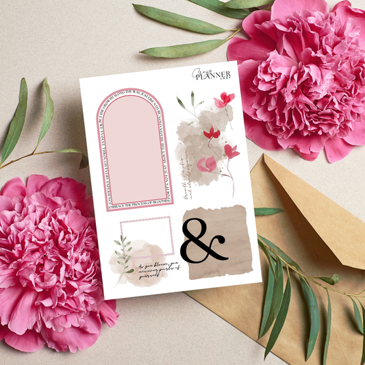 Blush pink journaling stickers with a mirror and ampersand design