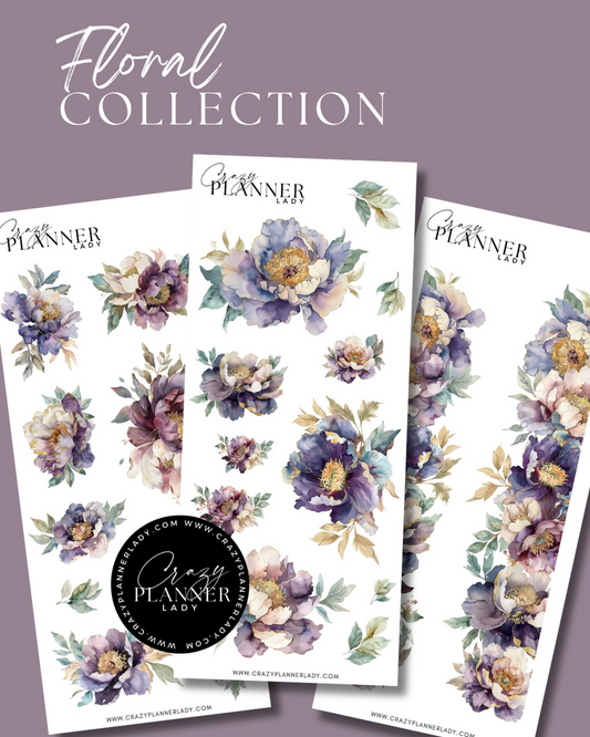 Three floral sticker sheets with dusty blue, lavender, and gold-toned flowers in a soft watercolor style