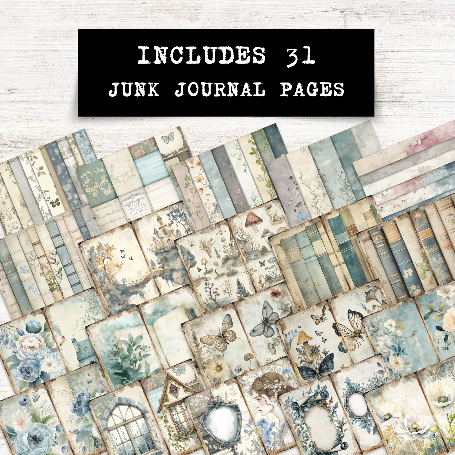 Printable Junk Journal Kit Bookish Garden Theme Digital Download Vintage Floral Collection Blue Pastel Aesthetic Tags Cards Envelopes Artistic Ephemera