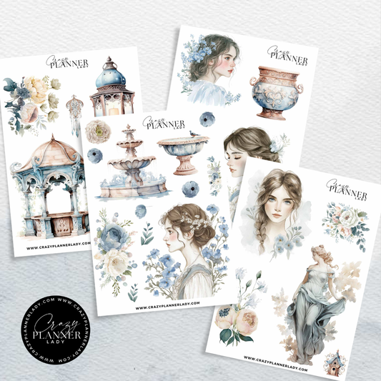 Powder Blue Royal Garden – 4 Sheet Elegant Floral Sticker Set for Junk Journals