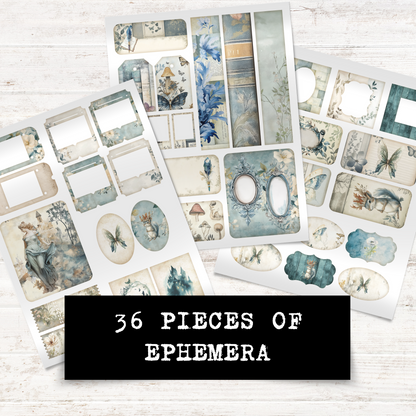 Printable Junk Journal Kit Bookish Garden Theme Digital Download Vintage Floral Collection Blue Pastel Aesthetic Tags Cards Envelopes Artistic Ephemera