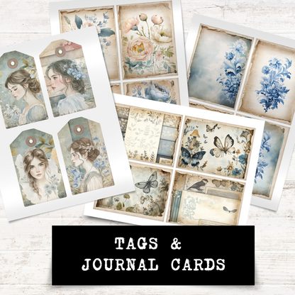 Printable Junk Journal Kit Bookish Garden Theme Digital Download Vintage Floral Collection Blue Pastel Aesthetic Tags Cards Envelopes Artistic Ephemera
