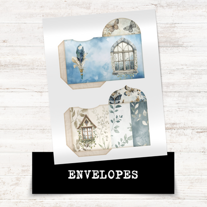 Printable Junk Journal Kit Bookish Garden Theme Digital Download Vintage Floral Collection Blue Pastel Aesthetic Tags Cards Envelopes Artistic Ephemera