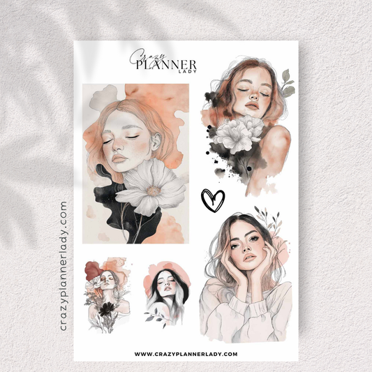 Watercolor Floral Portrait Sticker Sheet – Soft Feminine Aesthetic Art for Journals, Scrapbooks & Planners
