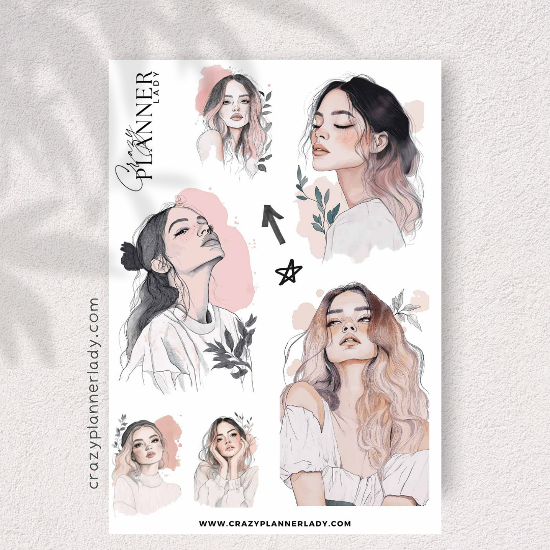 Modern Female Portrait Aesthetic Sticker Sheet – Journal, Scrapbook, Laptop Decals – Elegant Art Stickers