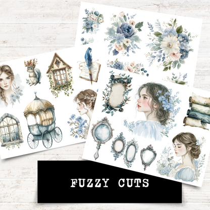 Printable Junk Journal Kit Bookish Garden Theme Digital Download Vintage Floral Collection Blue Pastel Aesthetic Tags Cards Envelopes Artistic Ephemera