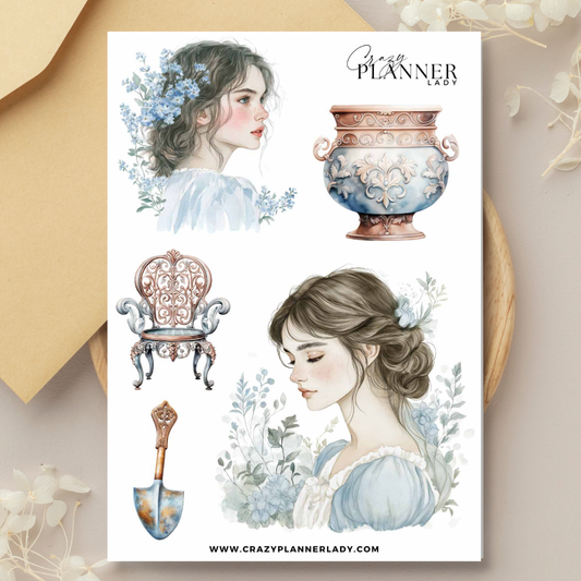 Vintage Girl Sticker Sheet – Romantic Watercolor Vases & Portraits for Junk Journals & Planners