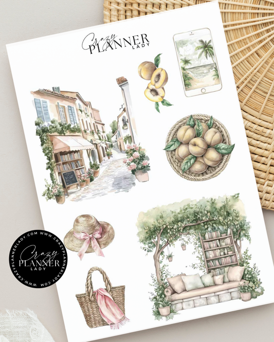 Sticker sheet of Mediterranean street scene with lemons, baskets, window arches, and pink flowers.