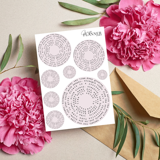 Sticker sheet featuring vintage lace-style doily circles in neutral tones