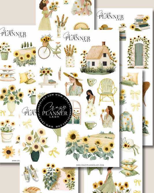 Collection of planner stickers with sunflowers, women, and nature-themed designs on a white background.