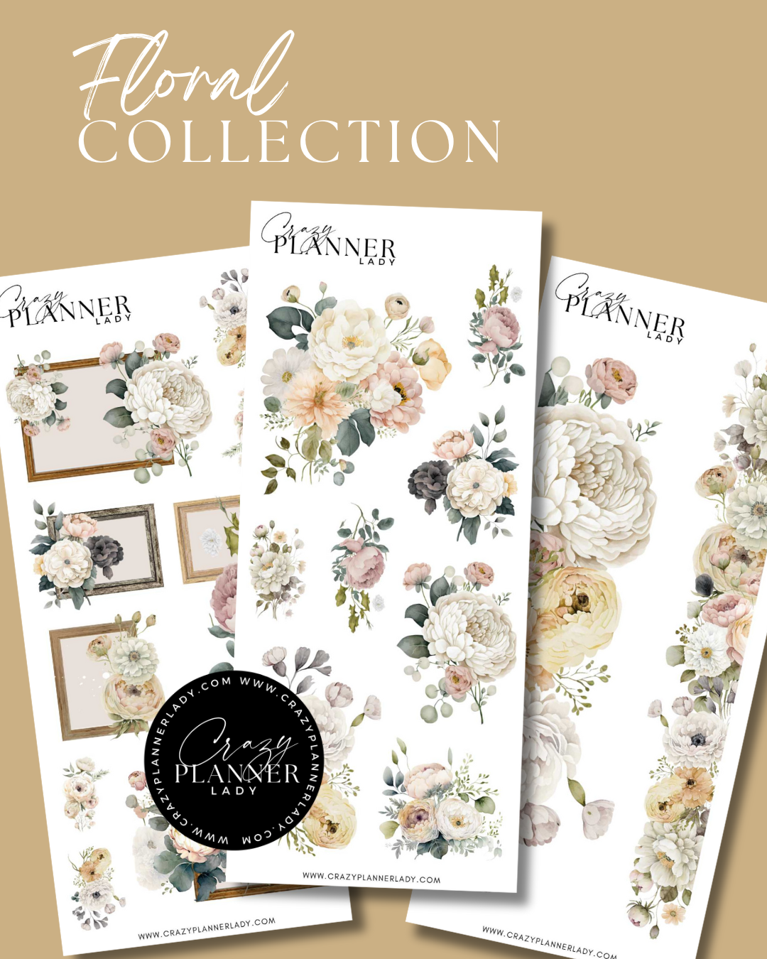 Set of 3 neutral floral sticker sheets in cream, blush, and beige tones with vintage-style flowers and labels.