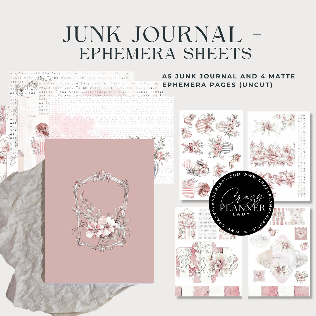 Pink Reverie Junk Journal Kit – Aesthetic Scrapbooking & Creative Journaling Set with Vintage Ephemera, Stickers & Papers