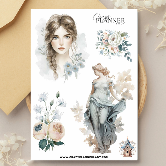 Elegant Woman Watercolor Sticker Sheet – Classical Aesthetic Stickers for Scrapbooks & Art Journals