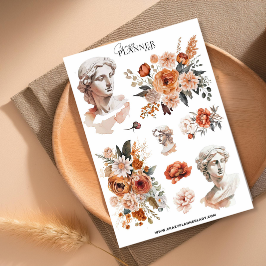 Terracotta Girl Sticker Sheet – Cozy Fall Portrait Stickers with Florals & Pumpkins for Planners & Journals