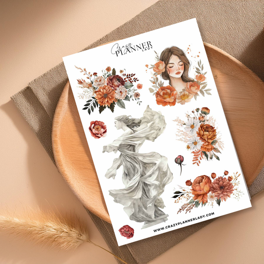 Terracotta Botanical Portrait Sticker Sheet – Fall Girl Stickers with Leaves & Florals for Planners & Journals