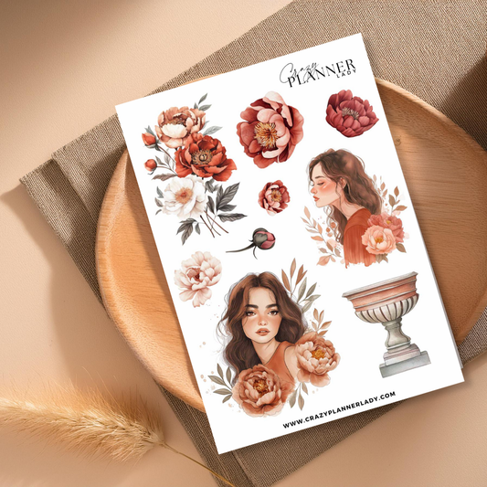 Cozy Terracotta Girl Sticker Sheet – Feminine Autumn Stickers with Warm Florals for Journals & Planners