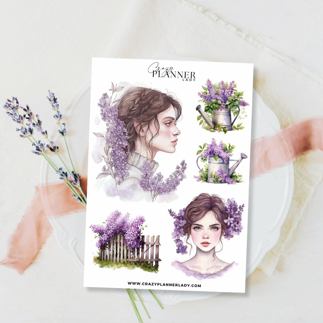 Lilac Garden Portrait Sticker Sheet – Soft Botanical Girl Stickers for Journals & Scrapbooks