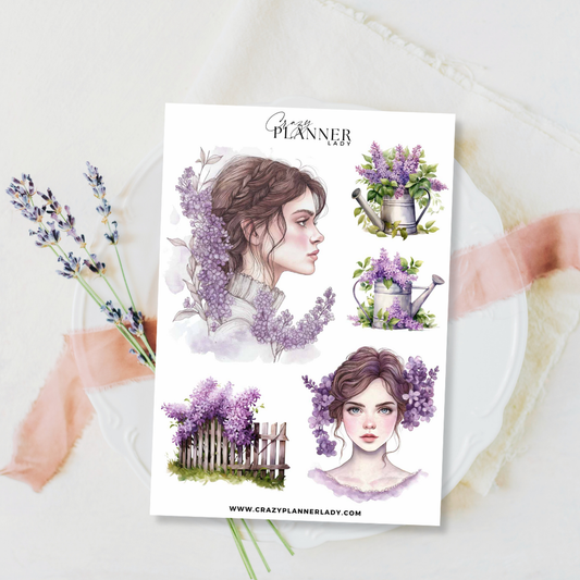 Lilac Garden Portrait Sticker Sheet – Soft Botanical Girl Stickers for Journals & Scrapbooks