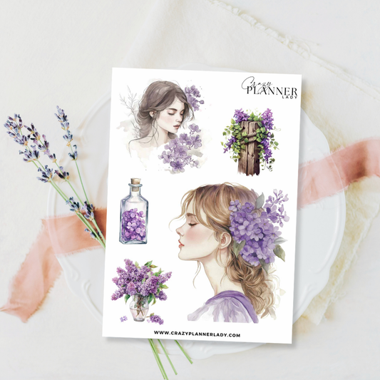 Lavender Garden Girl Sticker Sheet – Feminine Floral Portrait Stickers for Planners & Journals