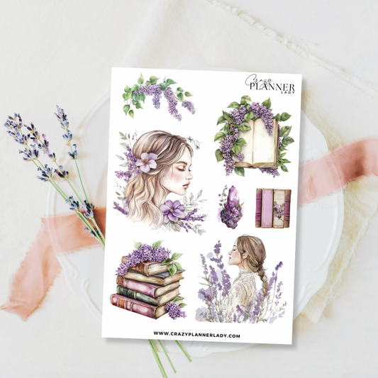 Garden Whimsy Lavender Sticker Sheet – Floral Portrait Stickers for Scrapbooking & Journaling