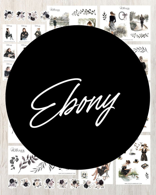 Ebony journaling sticker kit with moody lifestyle girl illustrations, black and white florals, and monochrome design accents.