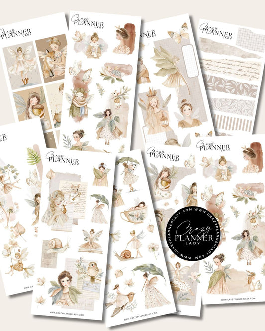 Enchanted Beige Fairies Sticker Set – 9 Sticker Sheets for Bujo, Scrapbooks & DIY Crafts
