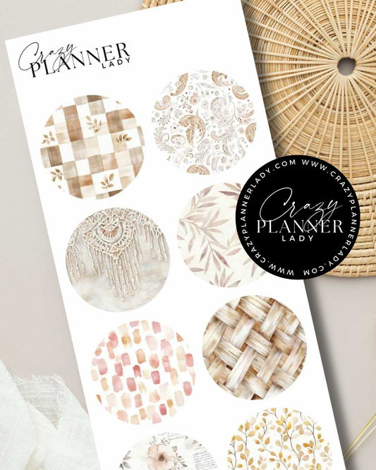 Sticker sheet with soft floral still life designs including books, flowers, vases, and teacups in neutral colors.