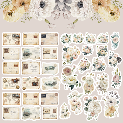 ( Oops Quality ) Postcards & Blossoms Sticker Pack – 38 Floral Stickers with Vintage Postcard Accents