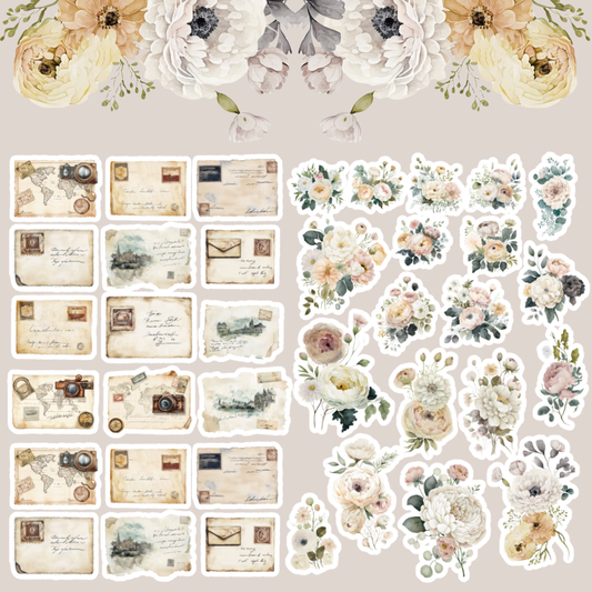 ( Oops Quality ) Postcards & Blossoms Sticker Pack – 38 Floral Stickers with Vintage Postcard Accents