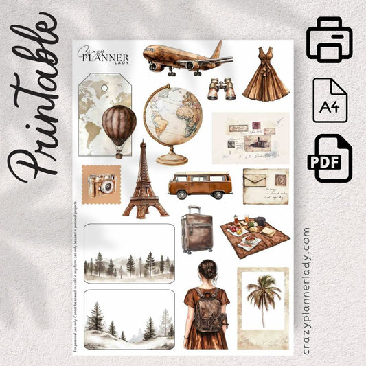 Vintage Travel Printable Sticker Sheet | A4 PDF