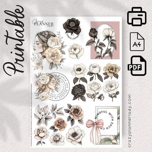 Vintage Florals Printable Sticker Sheet | A4 PDF