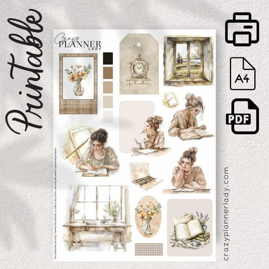 Vintage Work Space Printable Sticker Sheet | A4 PDF