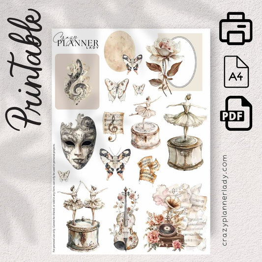 Vintage Music & Whimsy Printable Sticker Sheet | A4 PDF
