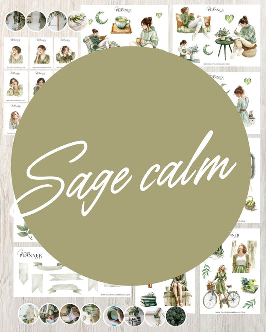 Sage Calm sticker kit for creative journaling, featuring green lifestyle girl illustrations, nature stickers, and botanical accents