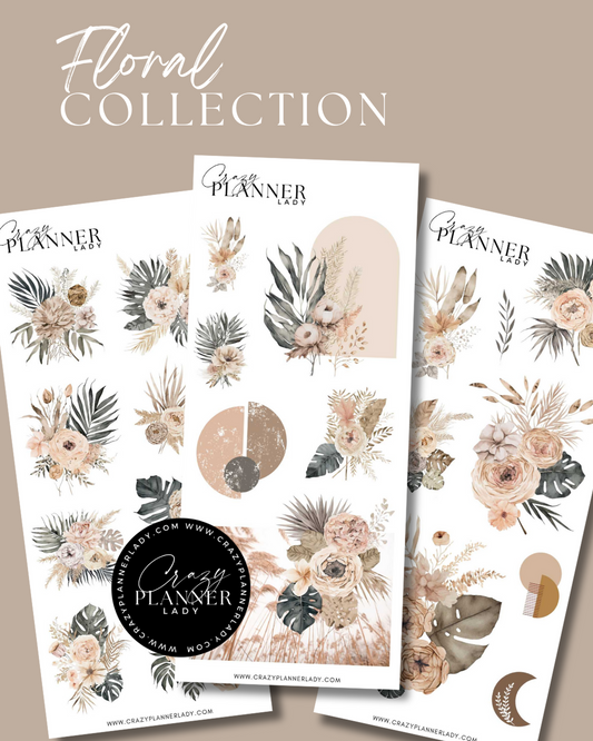 Boho-style sticker sheets featuring beige florals, terracotta tones, and celestial moon elements in a neutral palette.