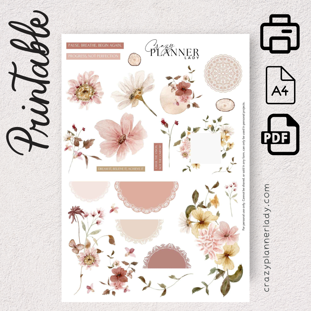Fresh Start Florals with Doilies Printable Sticker Sheet | A4 PDF