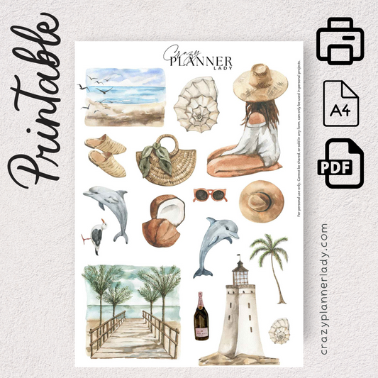 Summer Beach Printable Sticker Sheet | A4 PDF